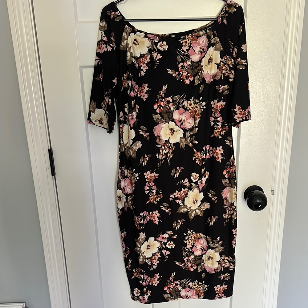 Mother Bee Maternity Pink Midi Sheath Dress with Scoop Neck
